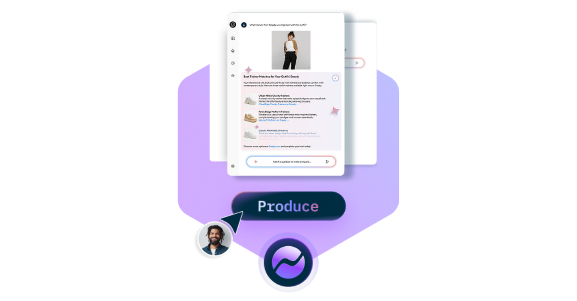 Digital interface showing fashion recommendations, "Produce" button below.