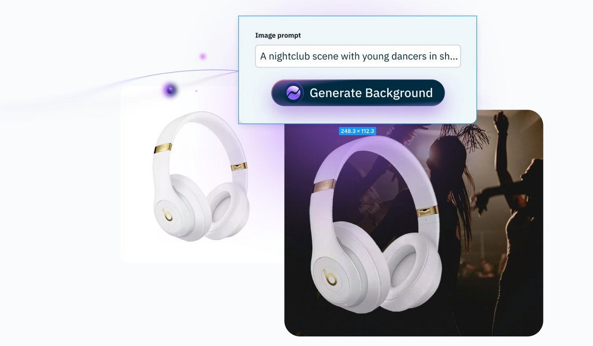 White Beats headphones displayed on a dark nightclub scene background.