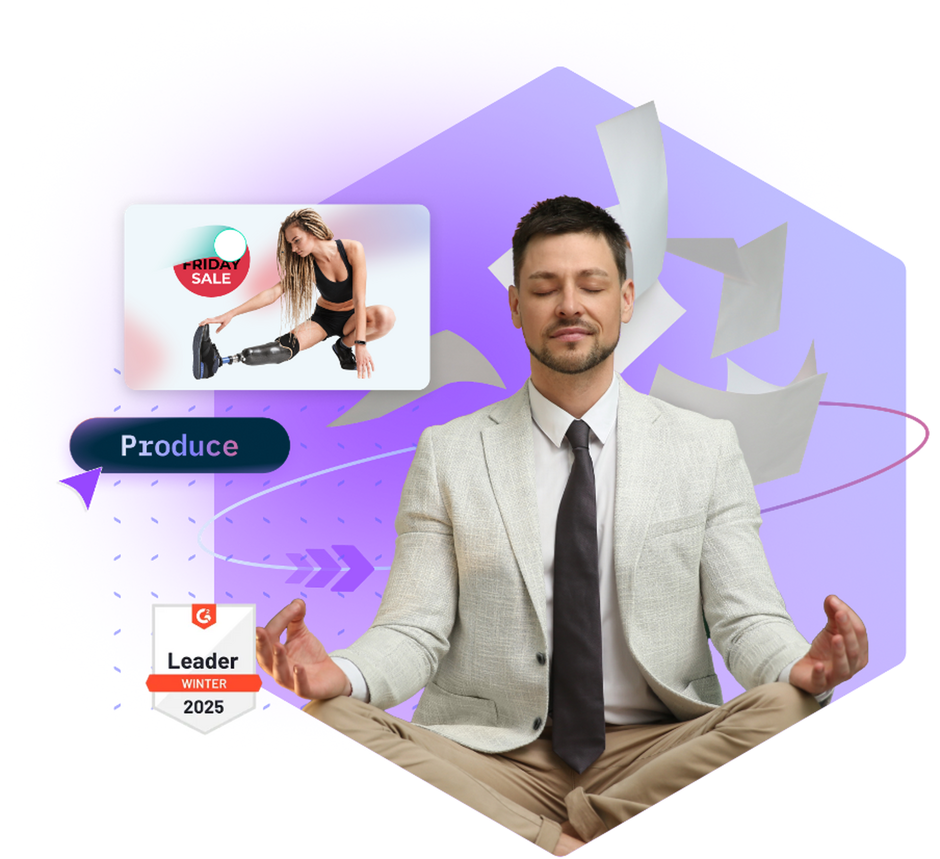 Person in suit meditating amid floating papers, "Produce" label, and "Leader Winter 2025" badge.