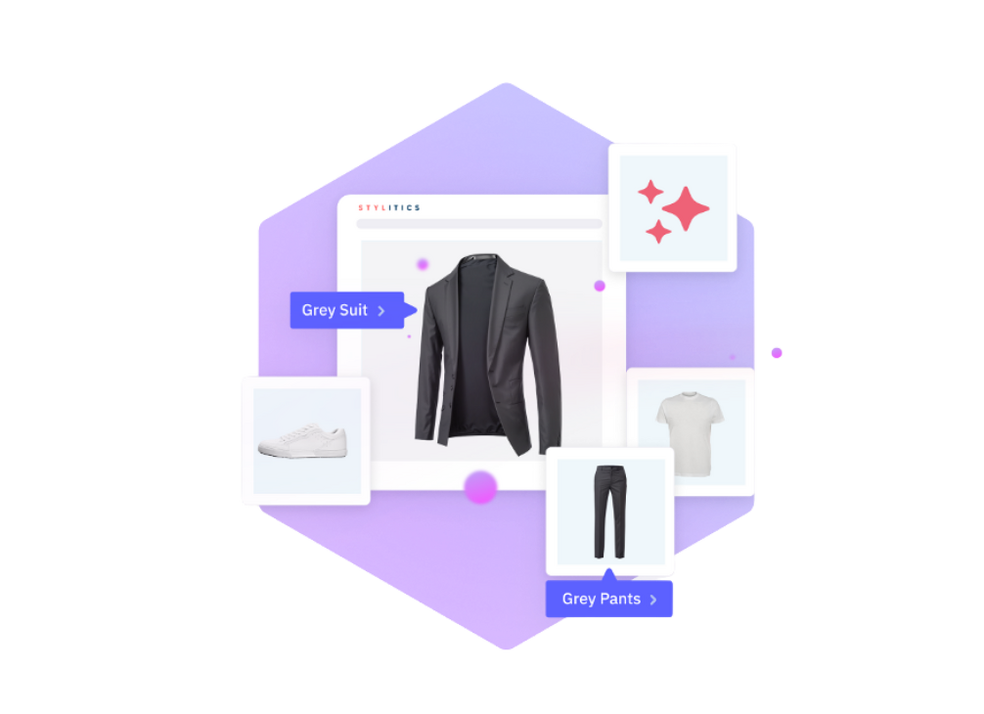 Stylitics interface showing a grey suit, pants, sneakers, and a T-shirt.