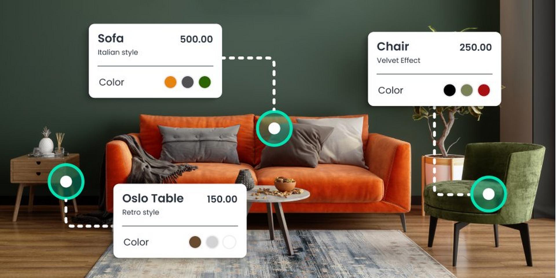 A living room product image with hot spots showing product details and pricing for different items