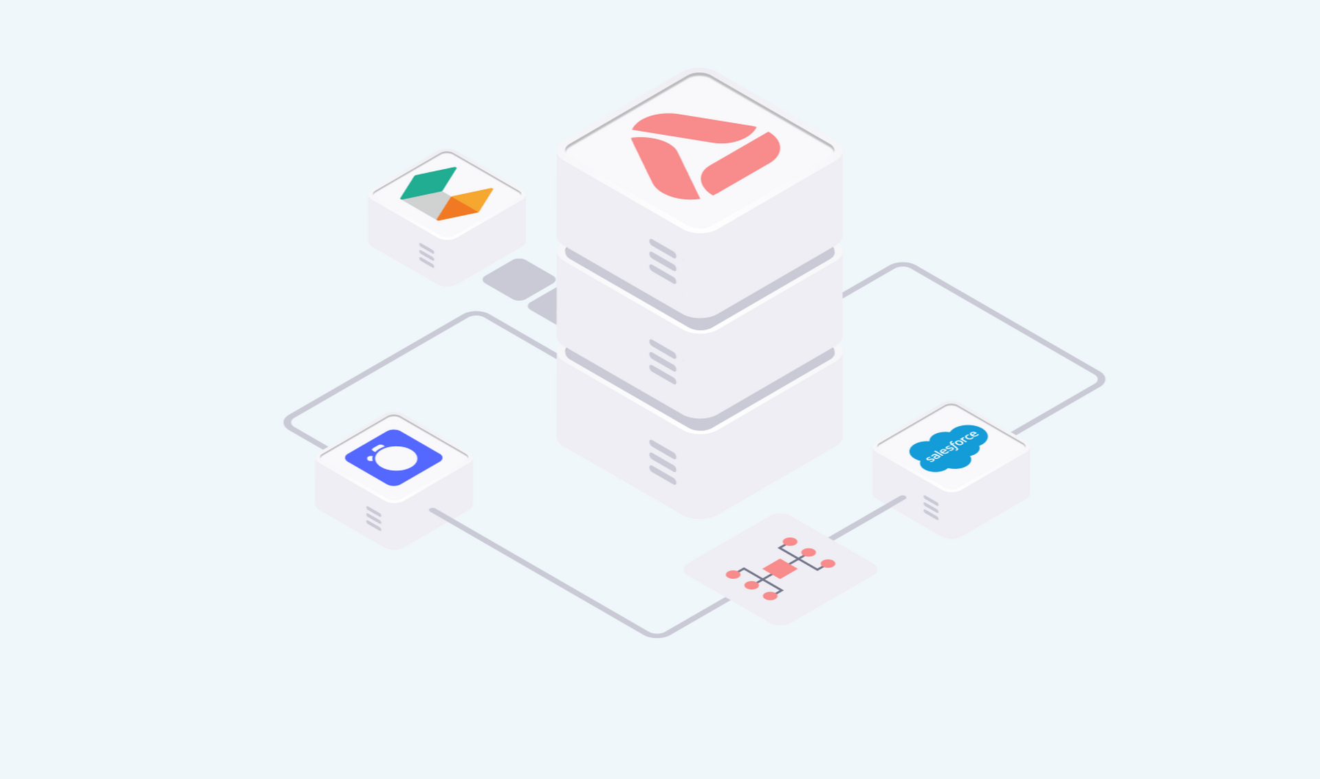 Isometric illustration of a server connected to various app icons.