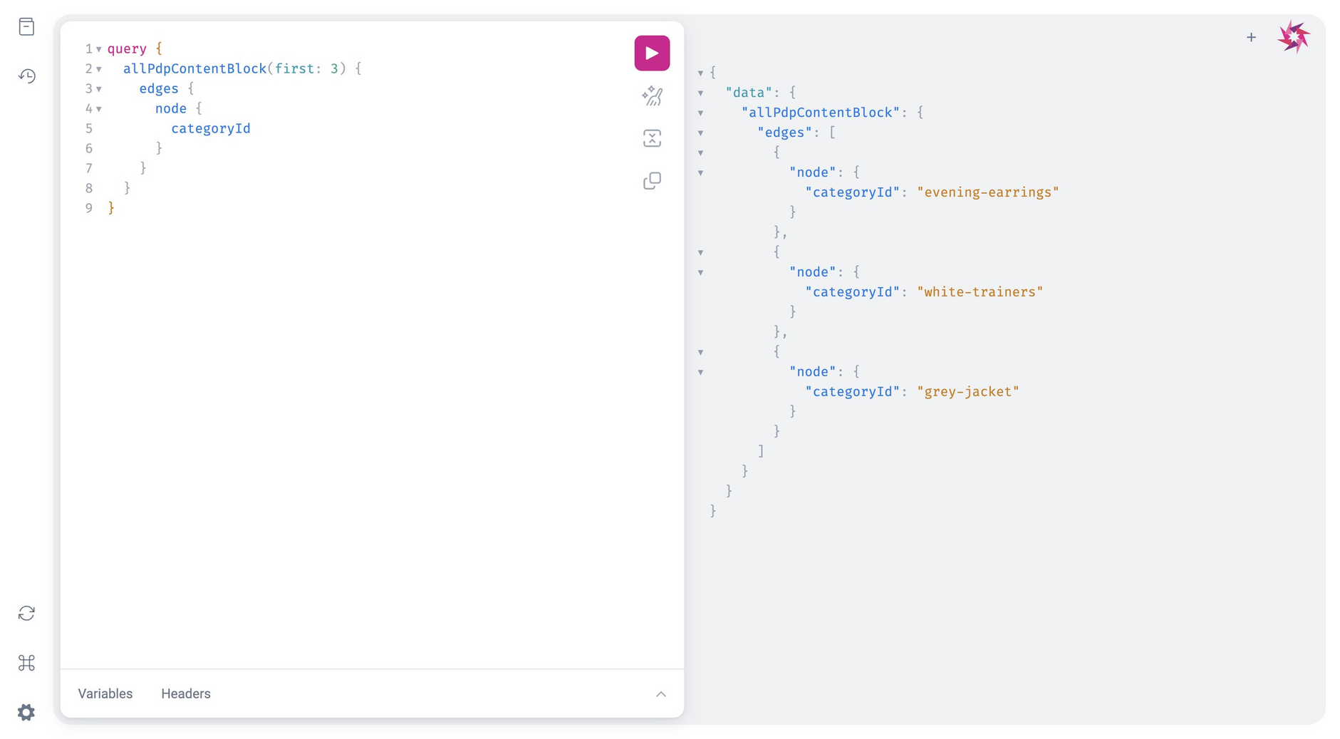 The GraphQL query and result