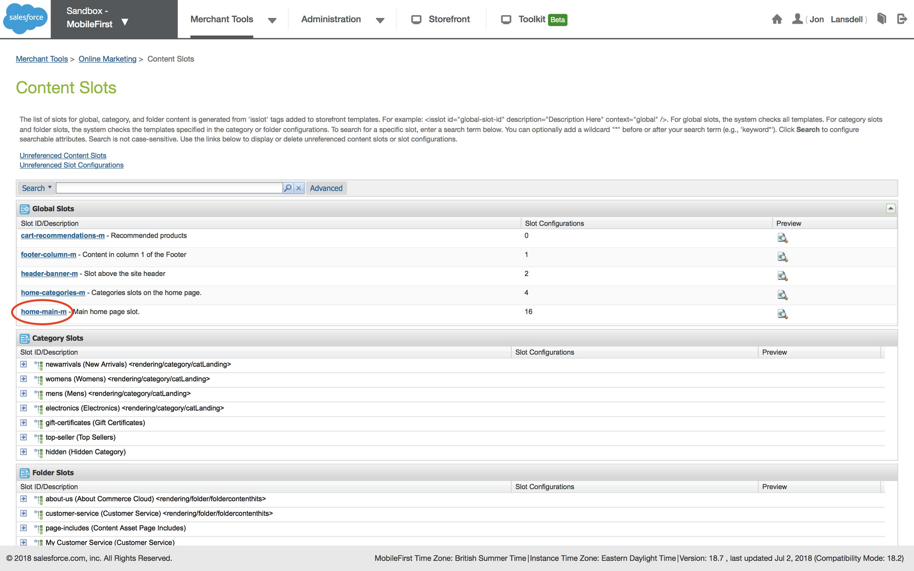 The main home page slot mapped from Dynamic Content