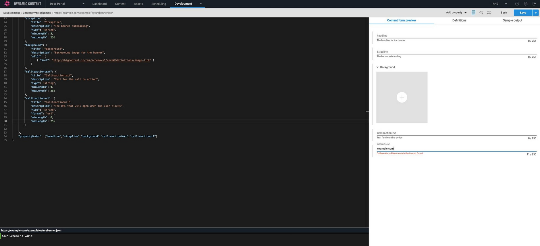 The content form preview allows you to check the property validation