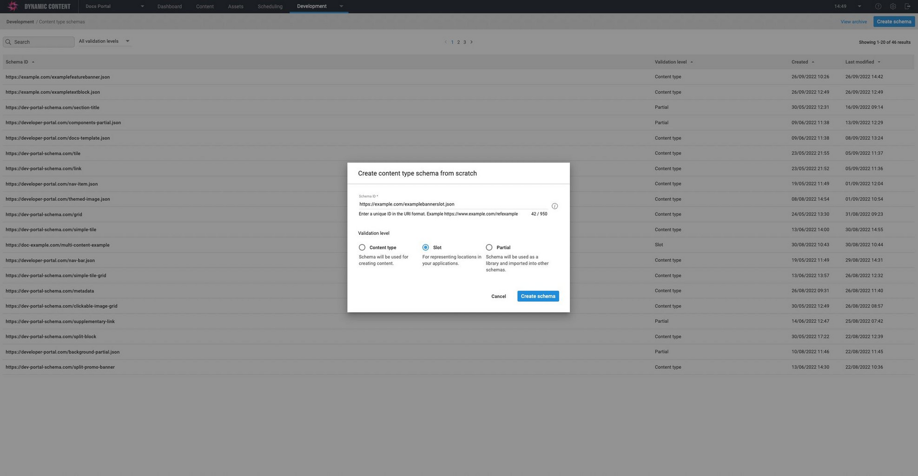 Creating a slot schema. Choose Slot as the validation