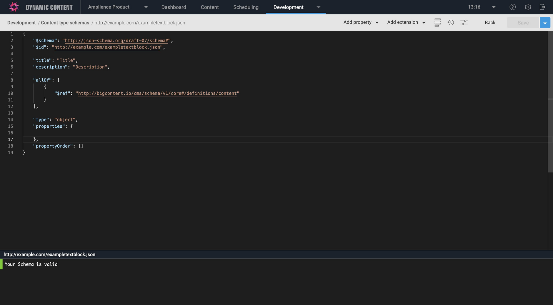 The schema editor opens with the outline of the schema filled in ready for you to add properties