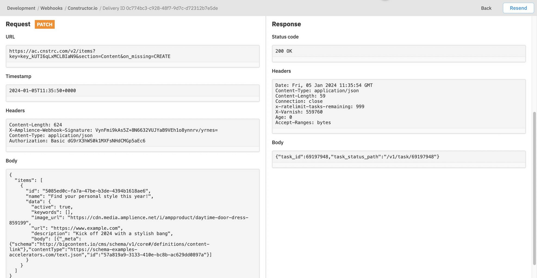 The webhook activity log shows our webhook was received and processed