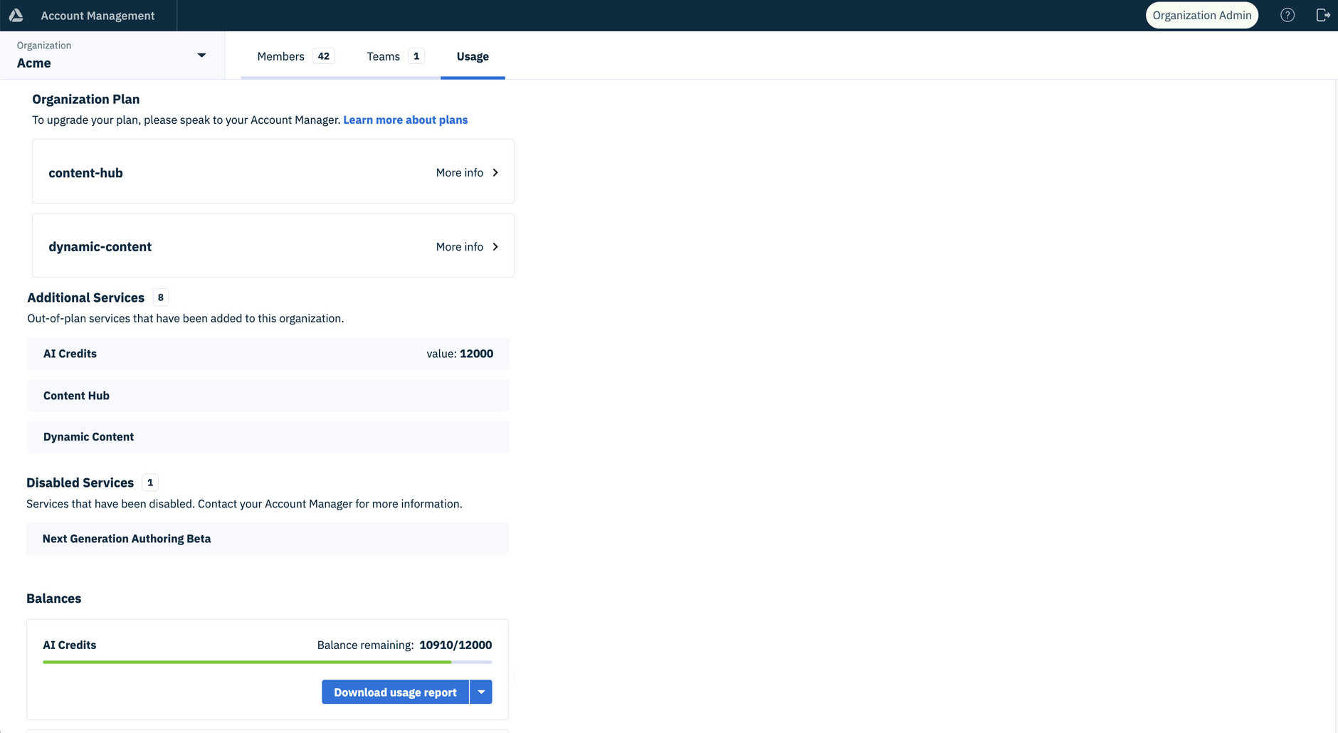 The Account Management Usage tab