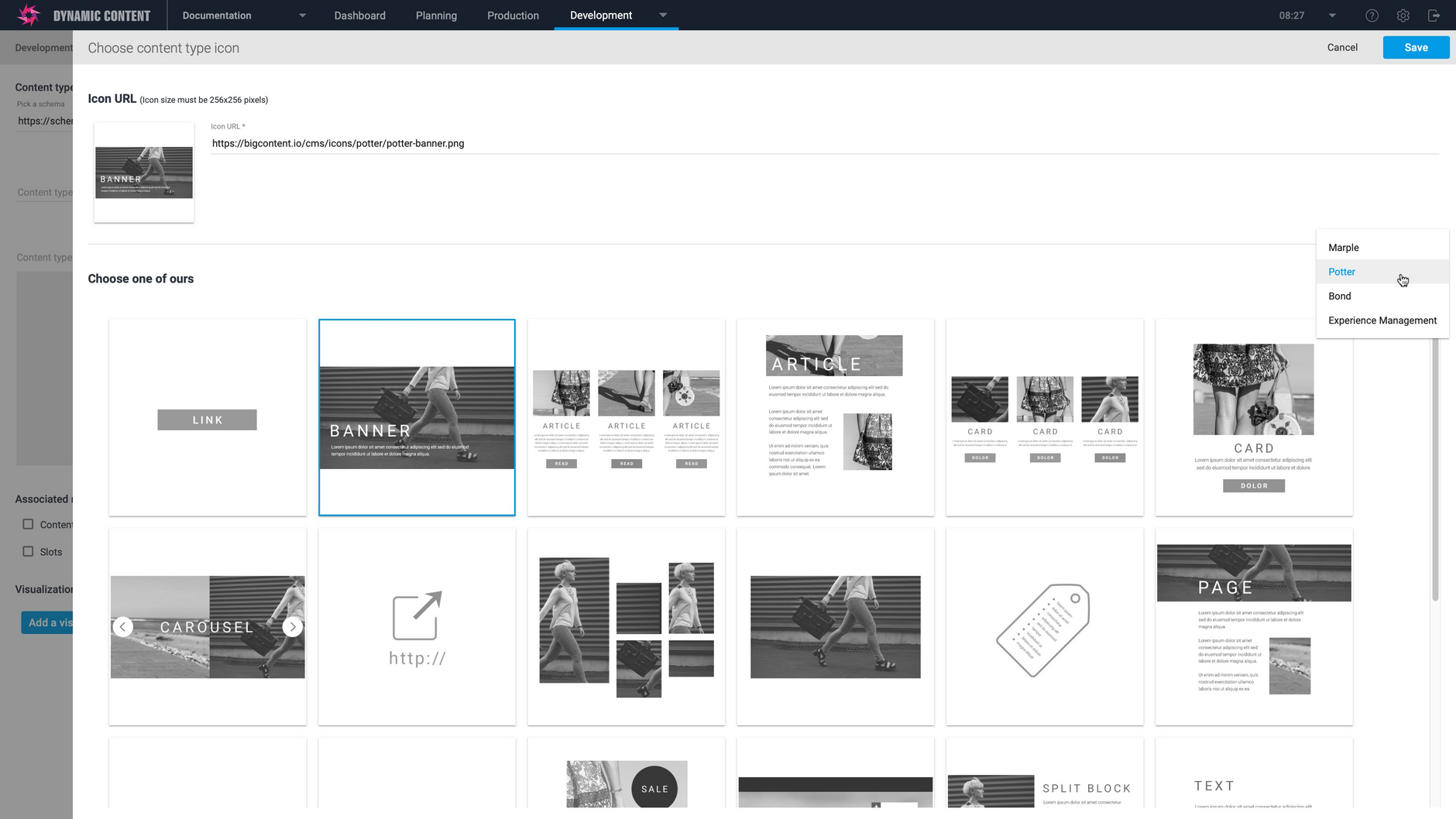 Each content type has its own icon which you set up in the registration window Each content type has its own icon which you set up in the registration window