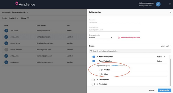 The Edit member pane with repositories