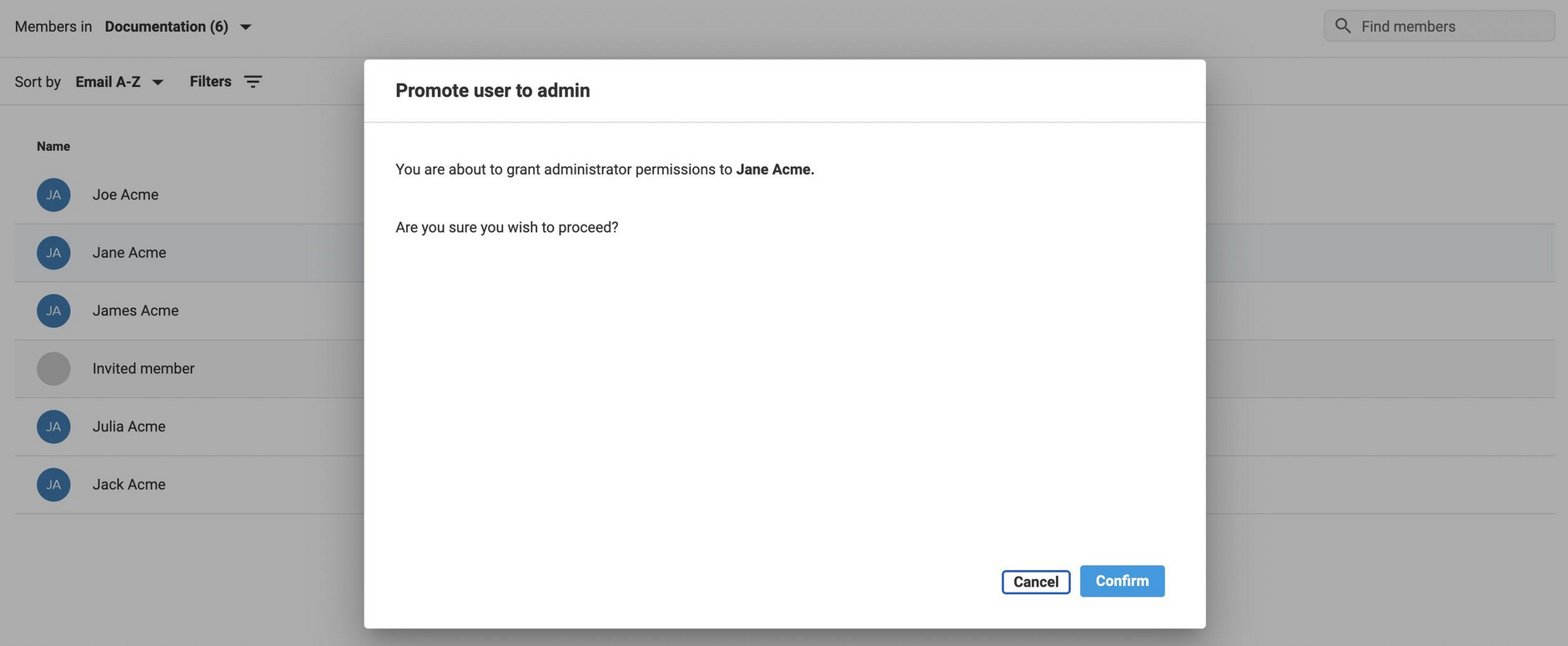 Promote to admin confirmation dialog