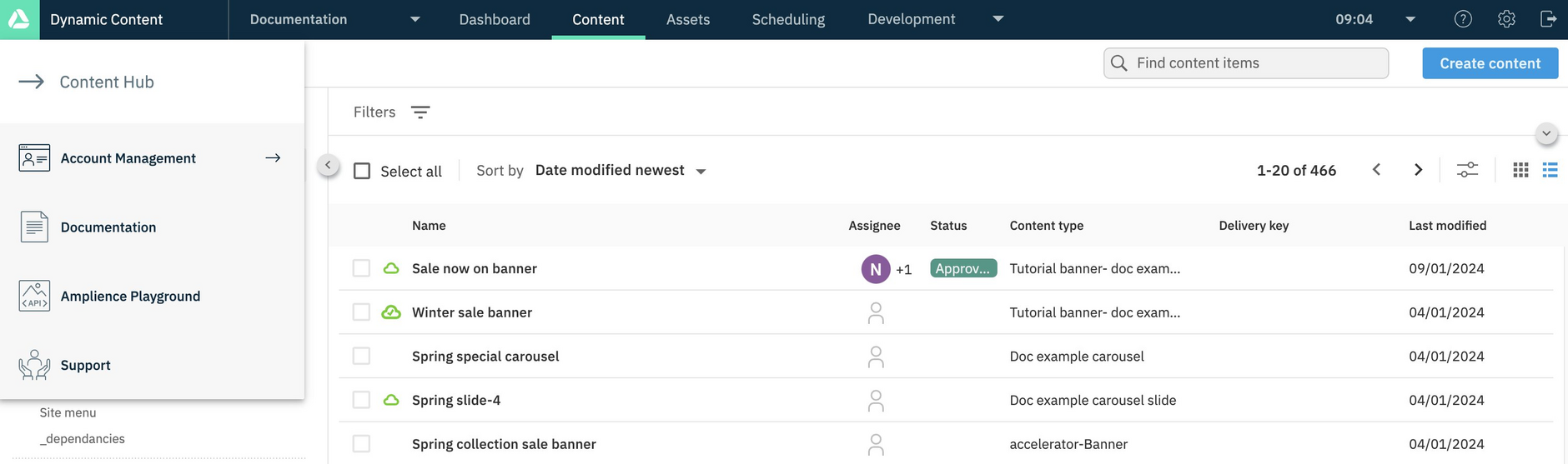 Opening Account management from the Amplience menu