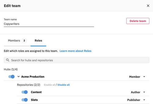 Roles assigned to example team