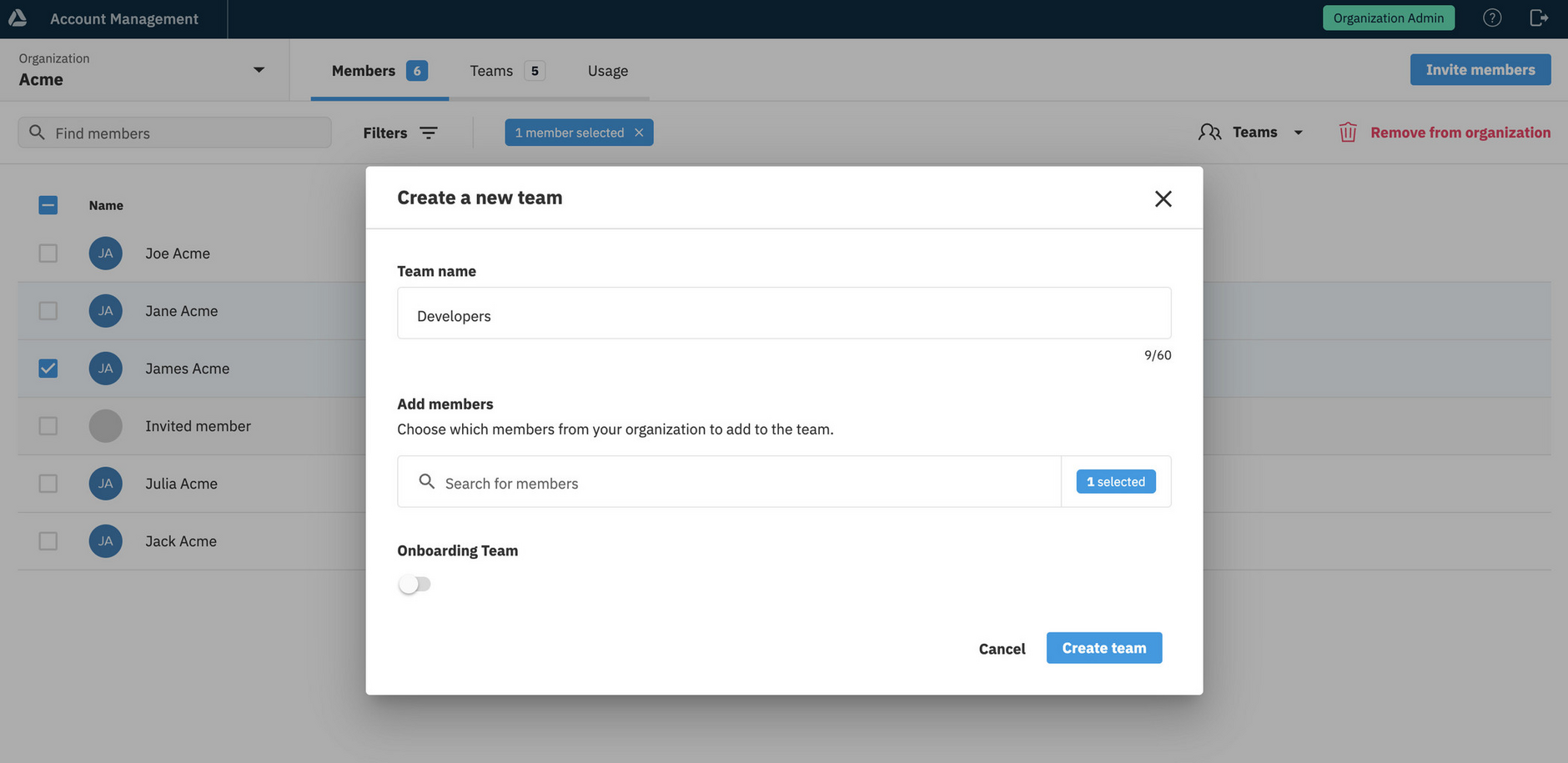Create team dialog