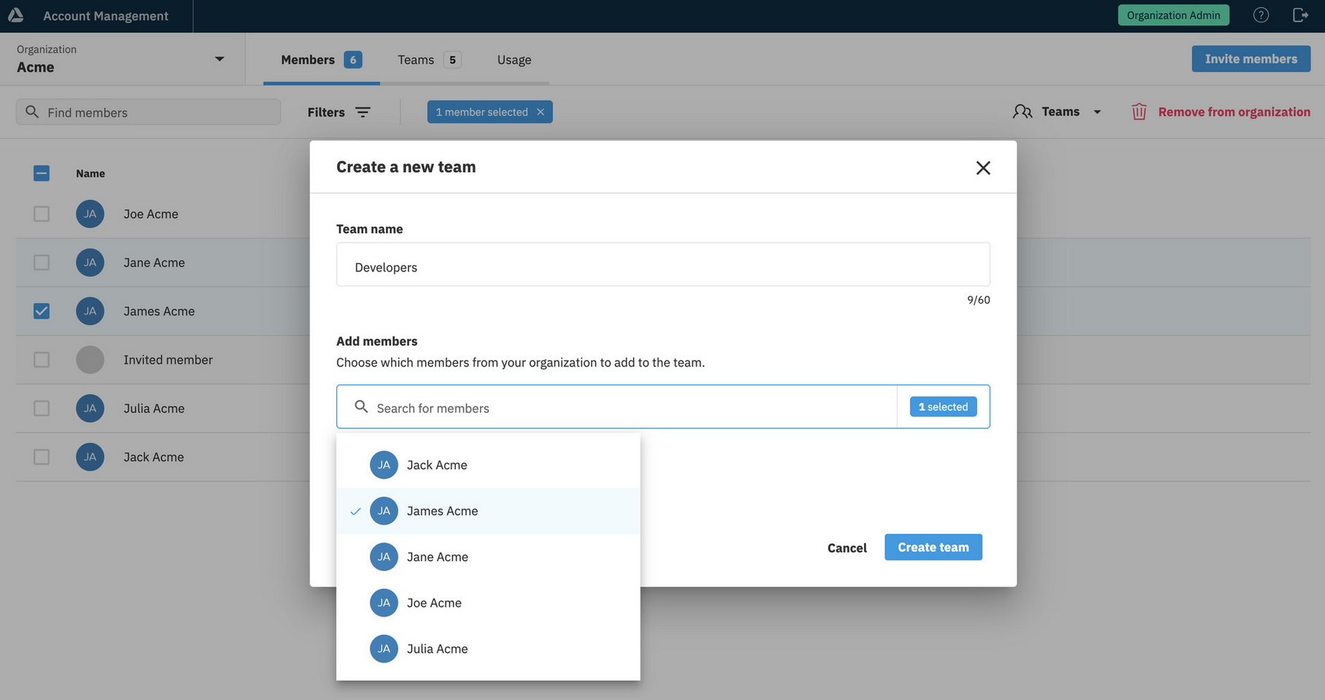 Create team dialog