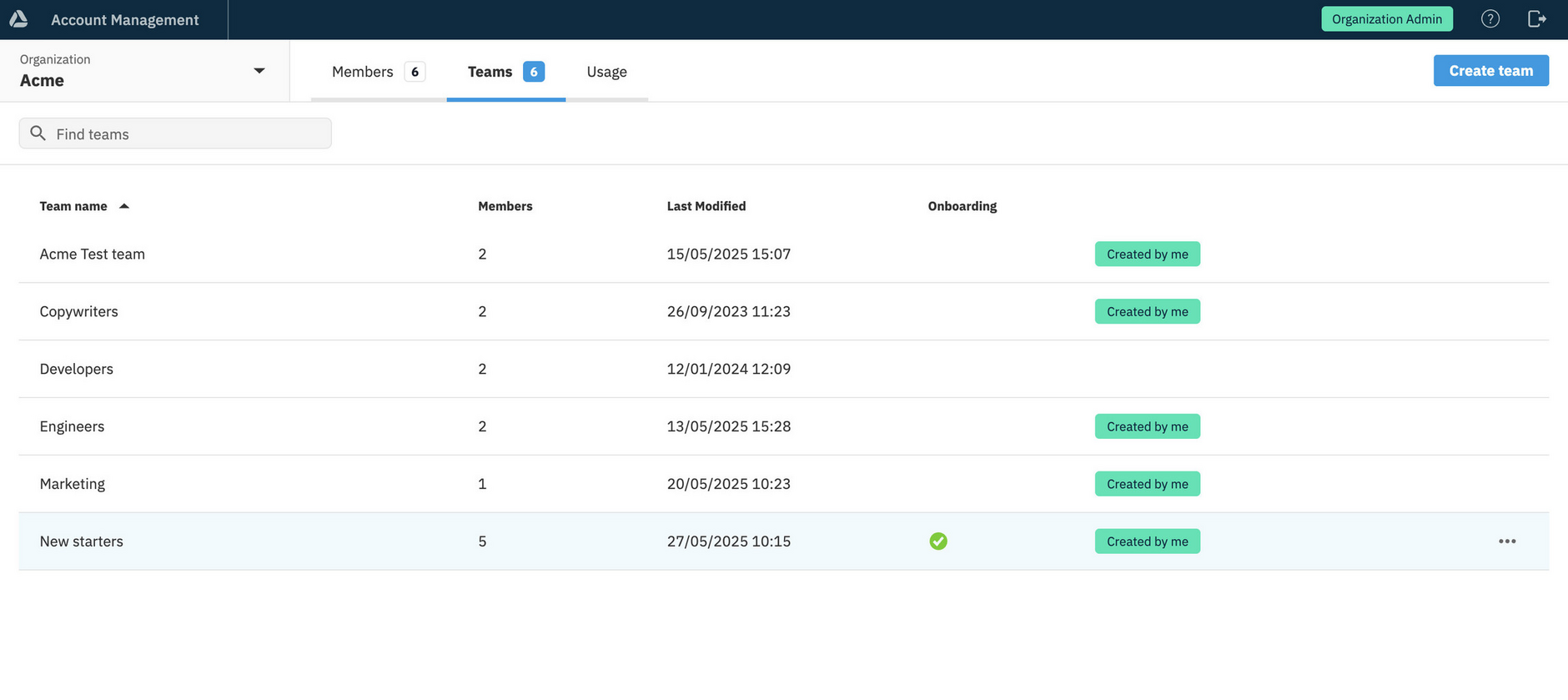 Onboarding team highlighted in Account Management