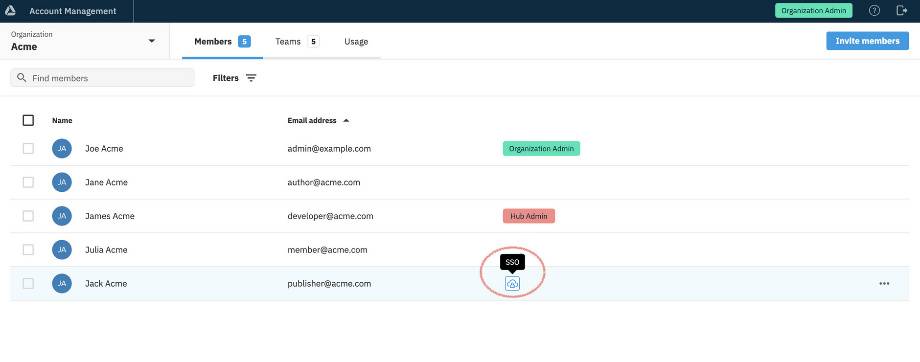 Users accounts created by SSO login are identified with the SSO icon