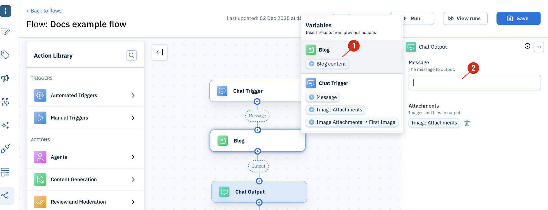 The variables picker allows you to populate fields in the action configuration