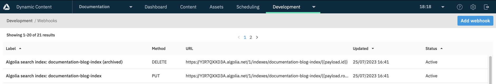 From the Create Algolia webhook dialog you provide information about your Algolia index, what content to index and how the webhook should be triggered to update the index