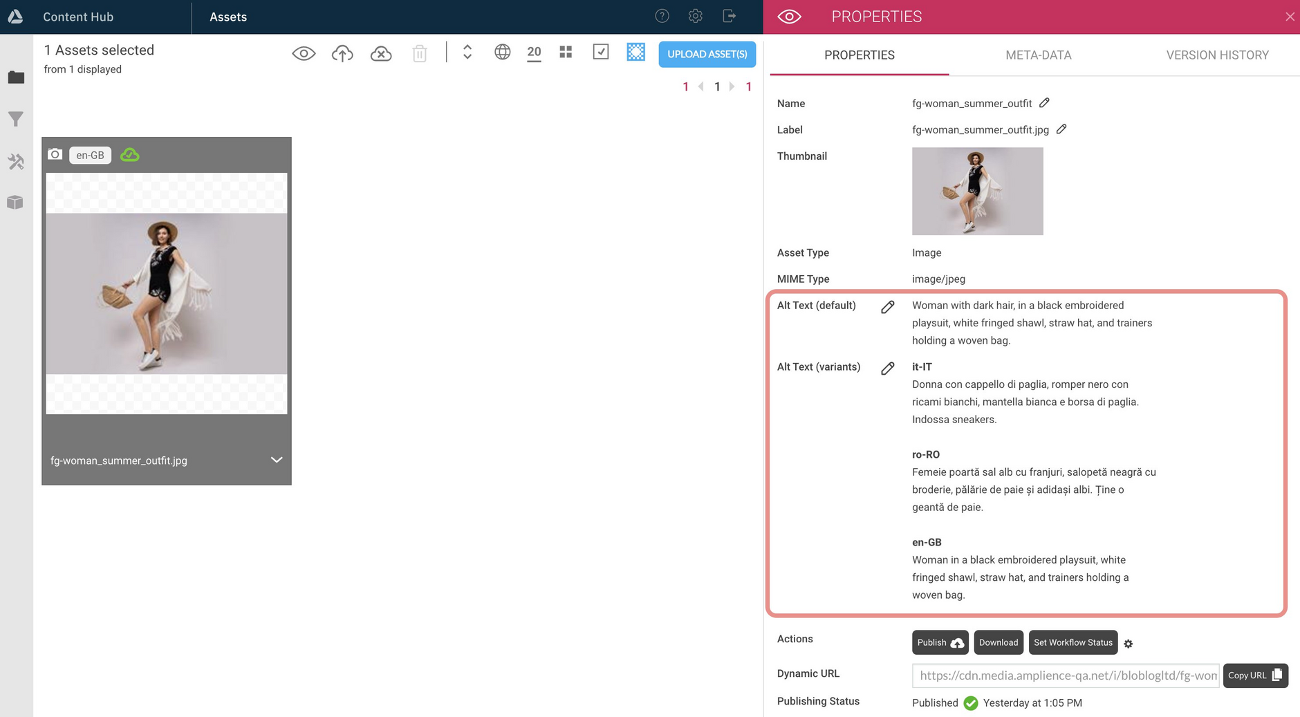 Image alt text properties on the properties pane