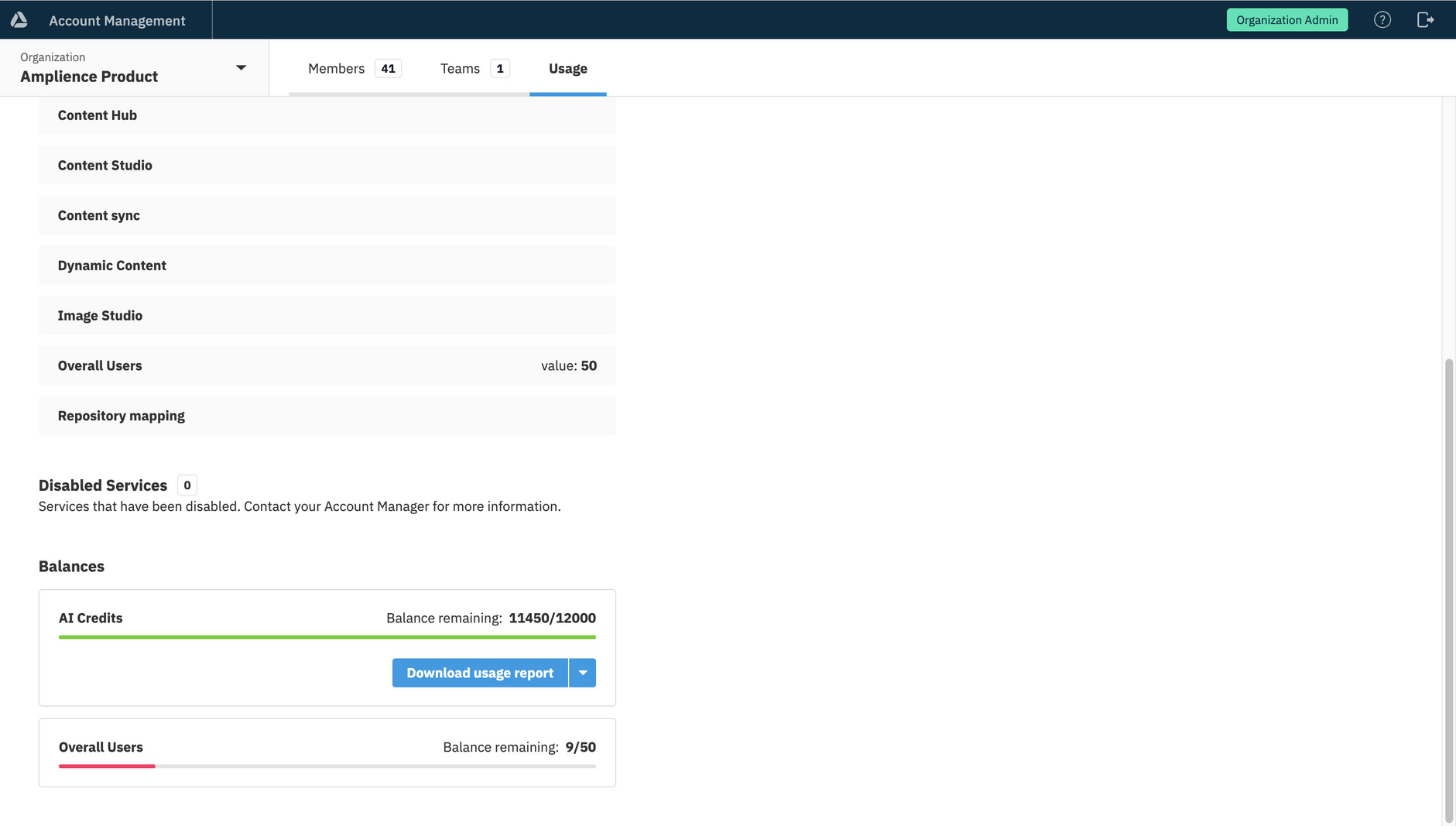 You can view your available Amplience credits in the usage panel of account management