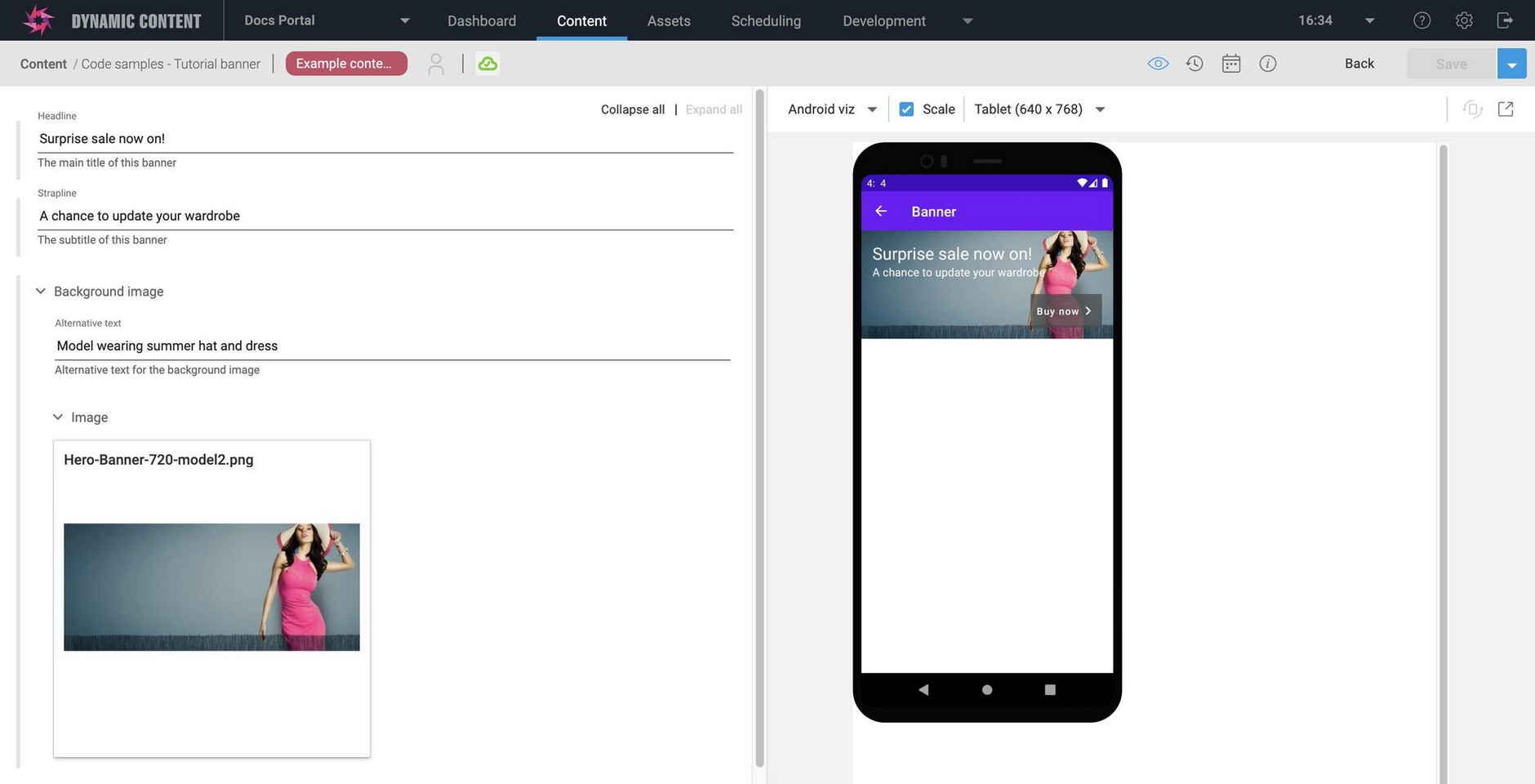 The banner visualization shown in an Android simulator alongside the content form