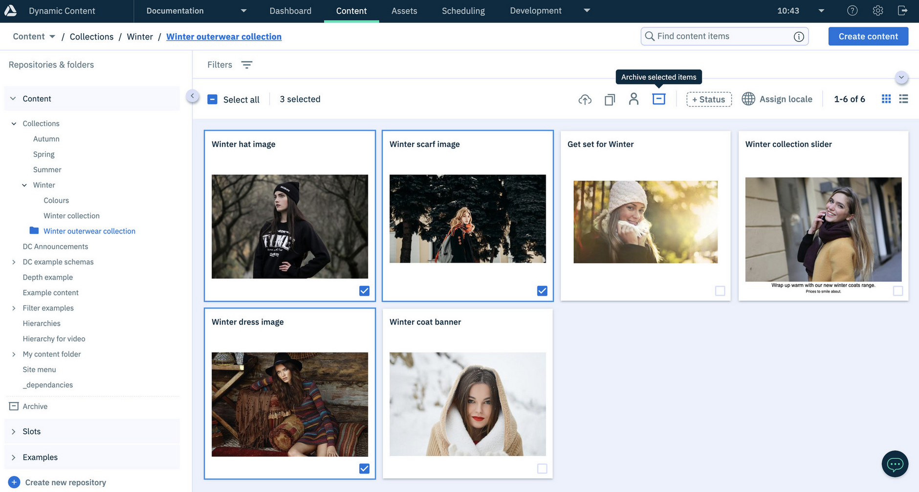 Selecting multiple content items to archive
