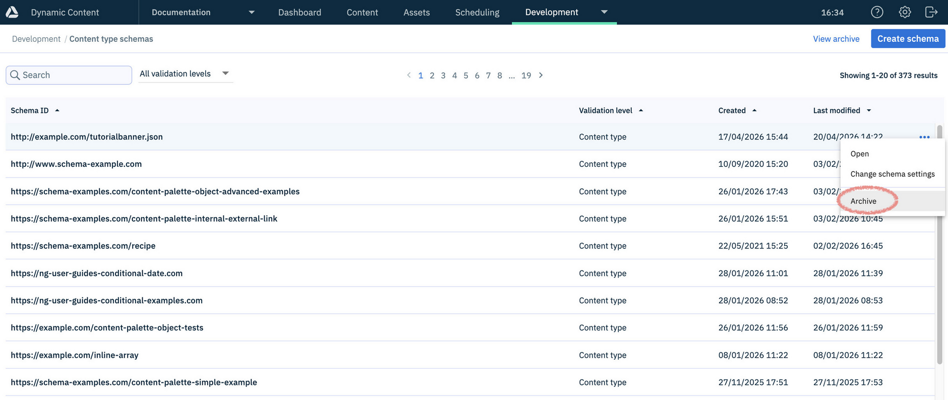 You can archive a schema from the content type schema list or from the schema editor
