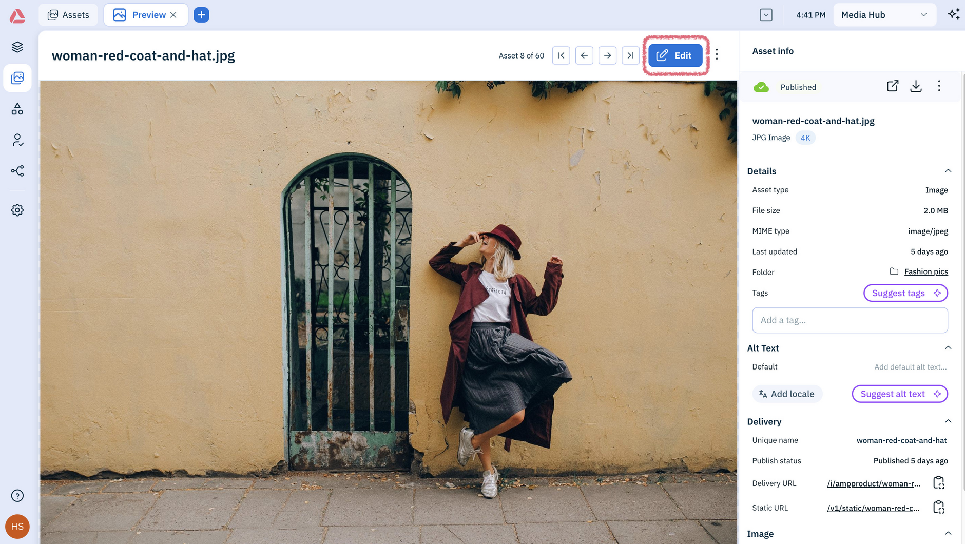 Amplience platform image preview with the Edit button highlighted