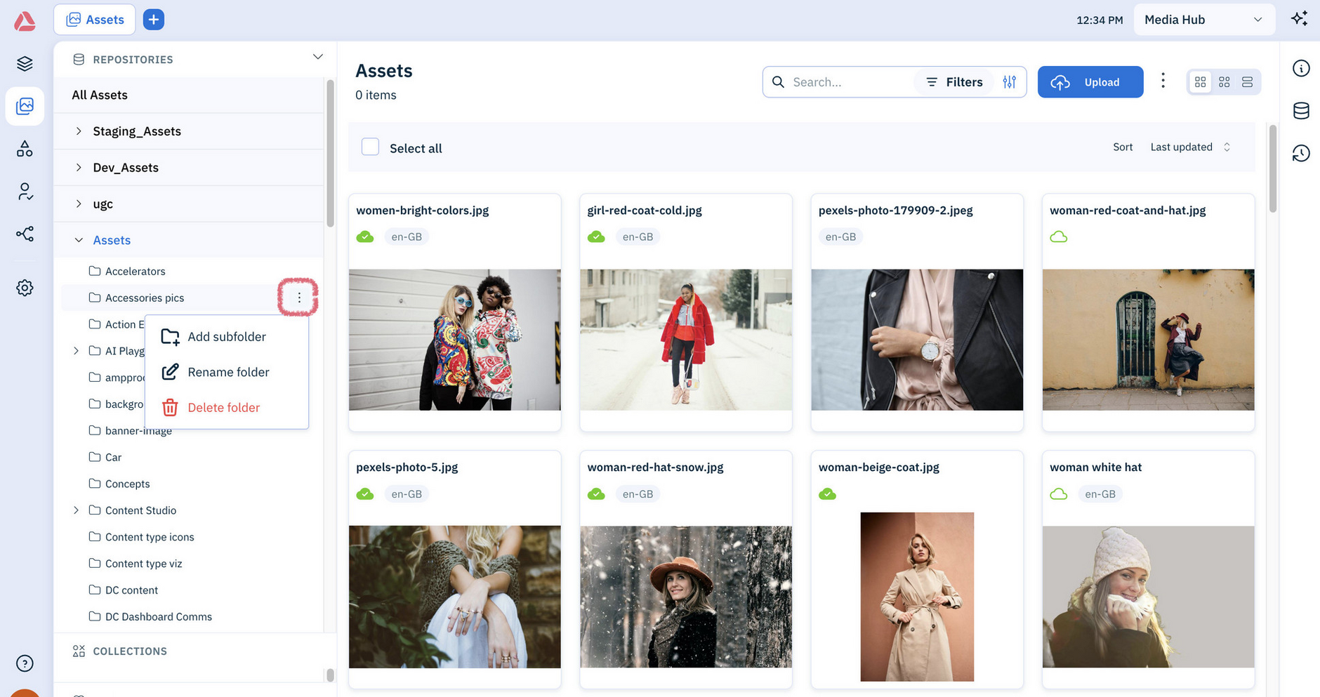 Amplience Content Operations Platform showing menu to manage assets folders