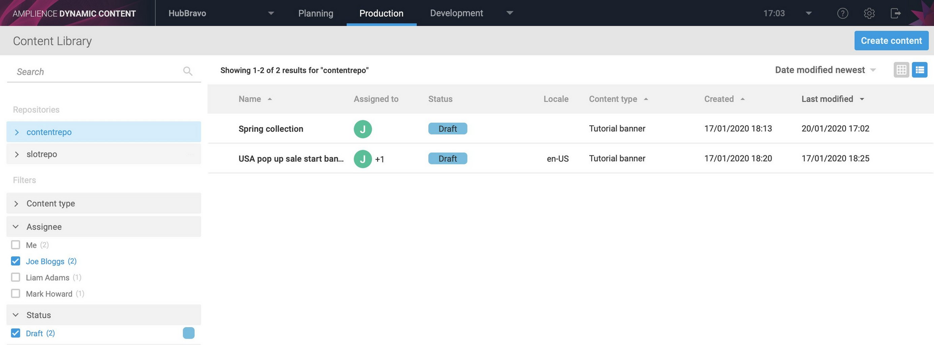 You can filter the content library view by assignee and combine this with other facets such as status