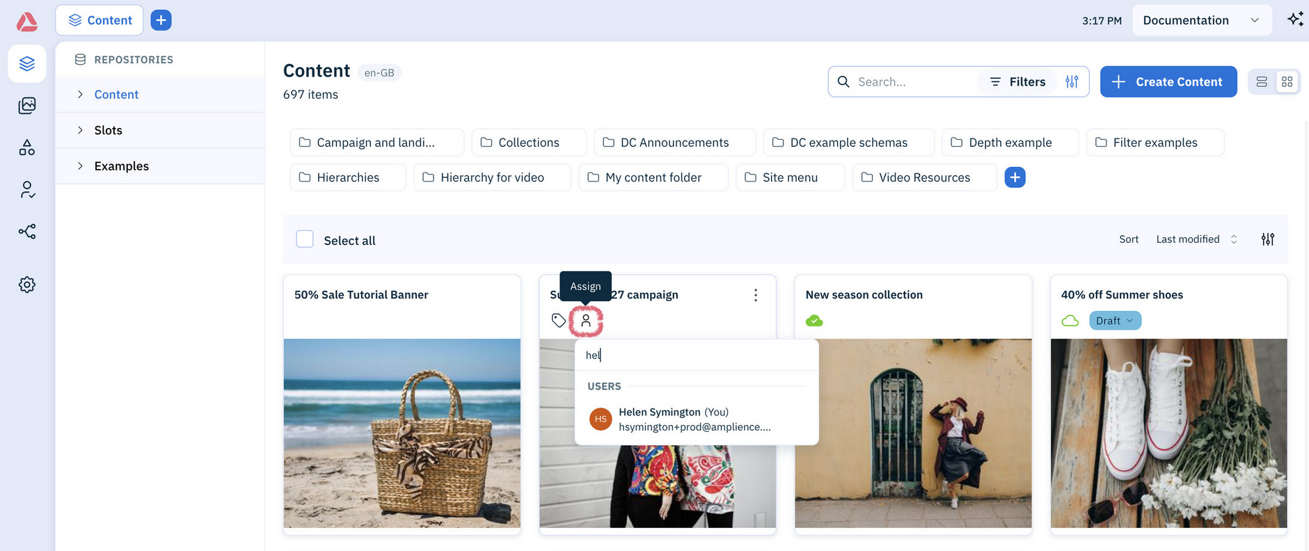 Amplience platform assigning content