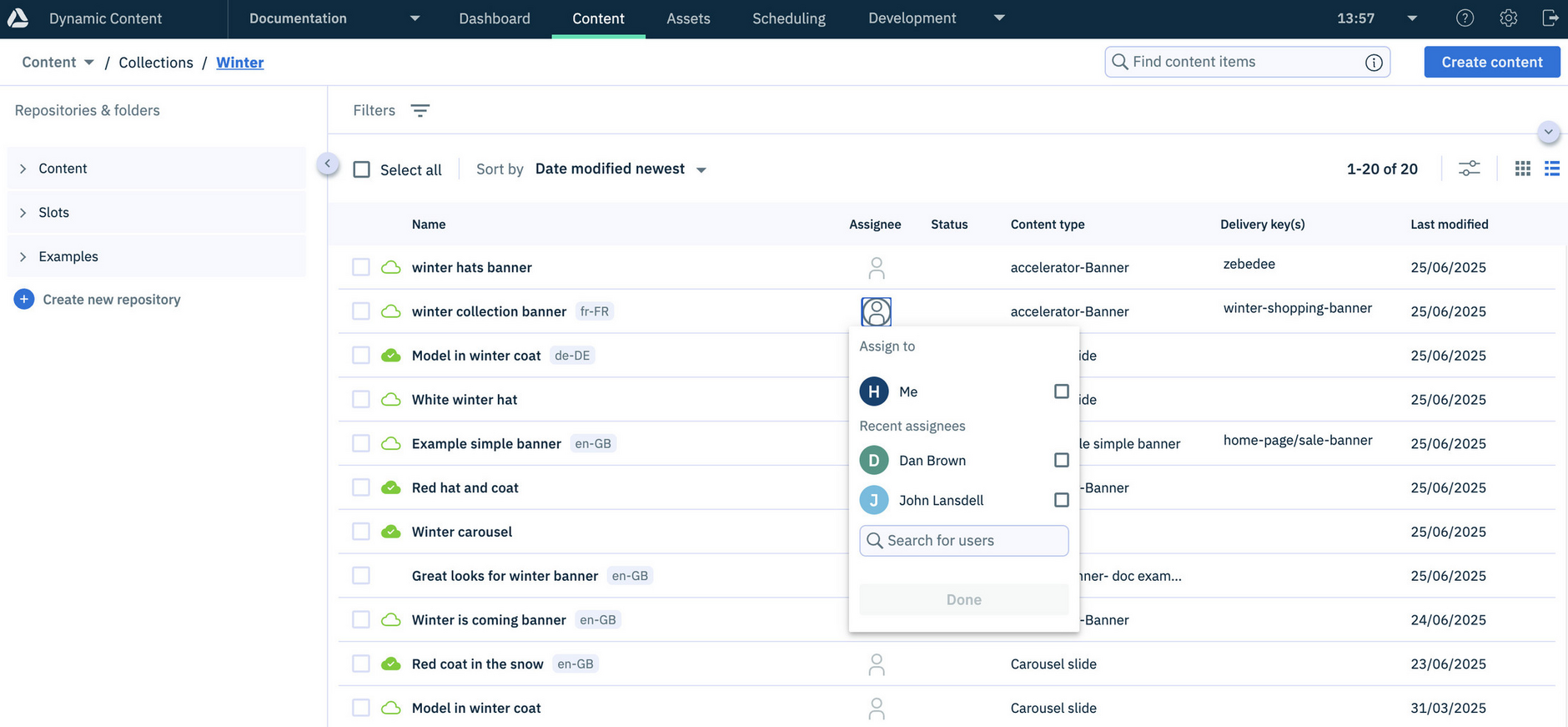 Choose Assign to from an item's contextual menu to assign it to one or more users
