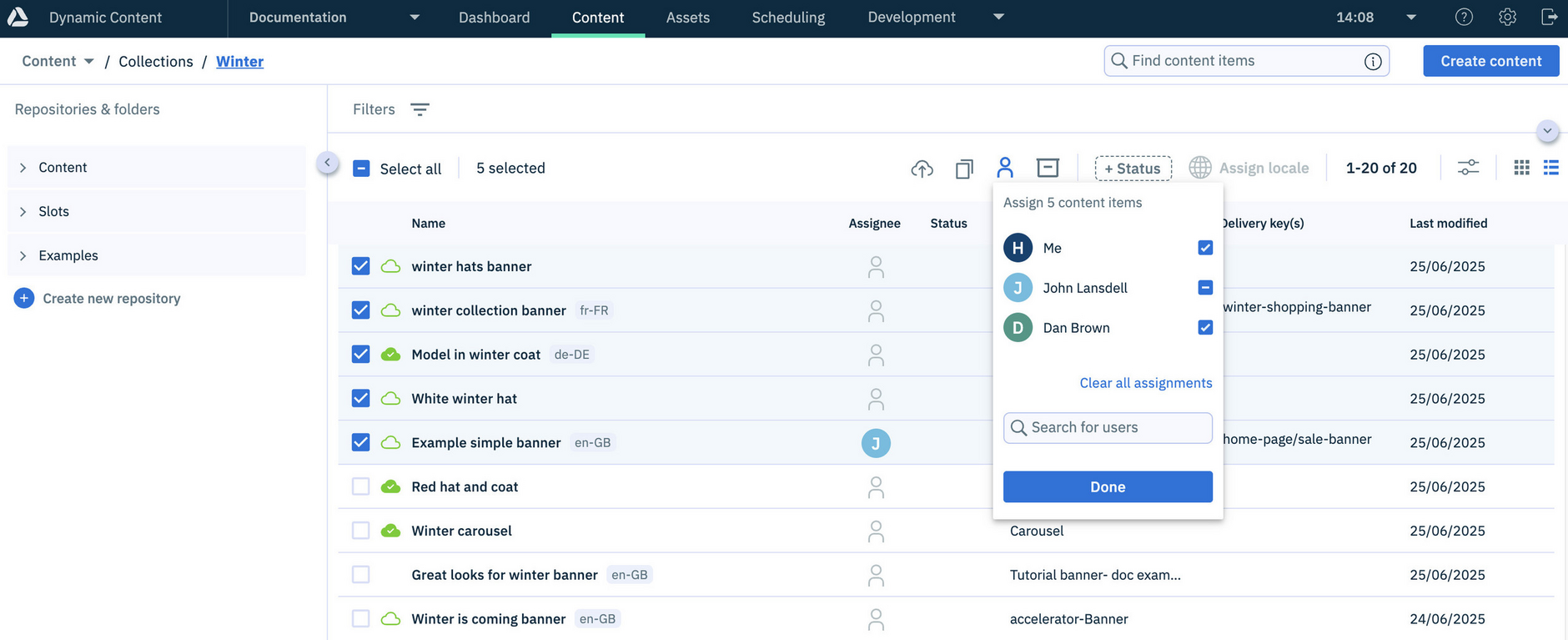 Selecting a user to assign content to