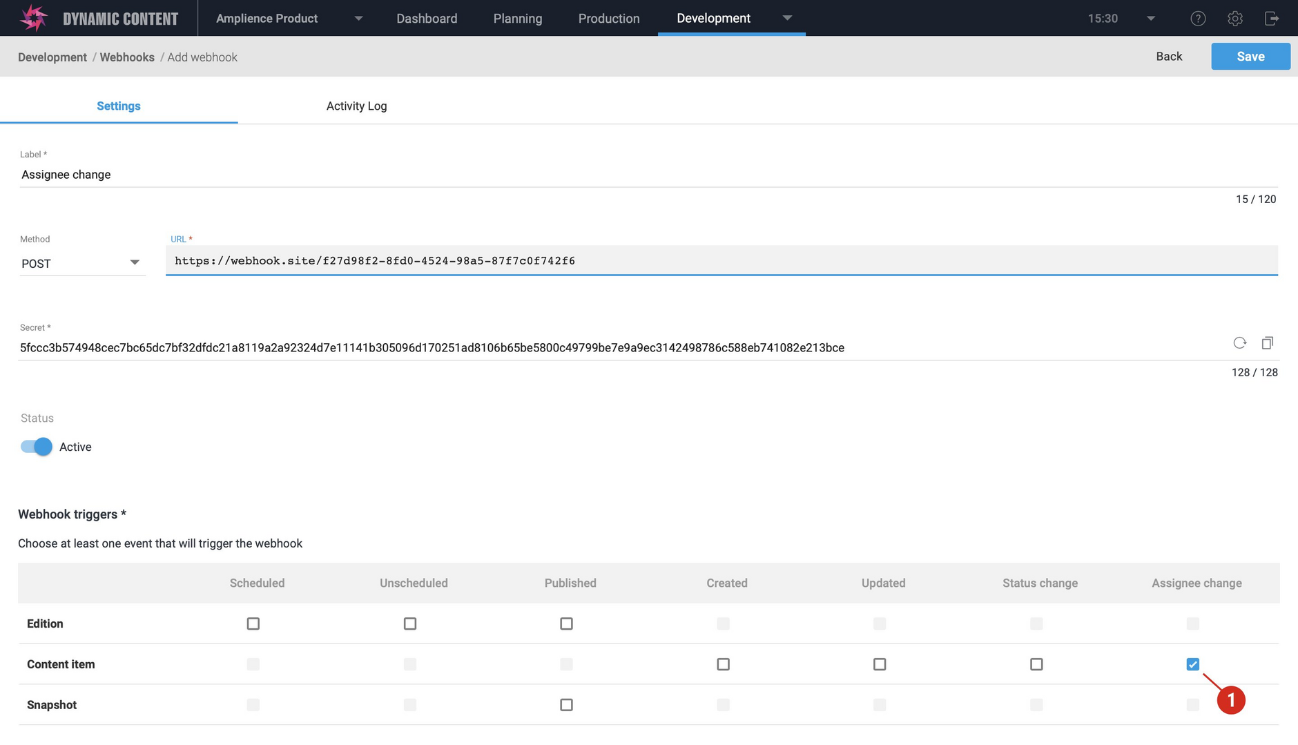 The content item assignee changed webhook event is triggered by adding one or more assignees to a content item or changing the existing assignees