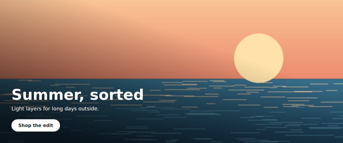 A banner with the headline "Summer, sorted", a strapline and a Shop the edit button over a sunset image