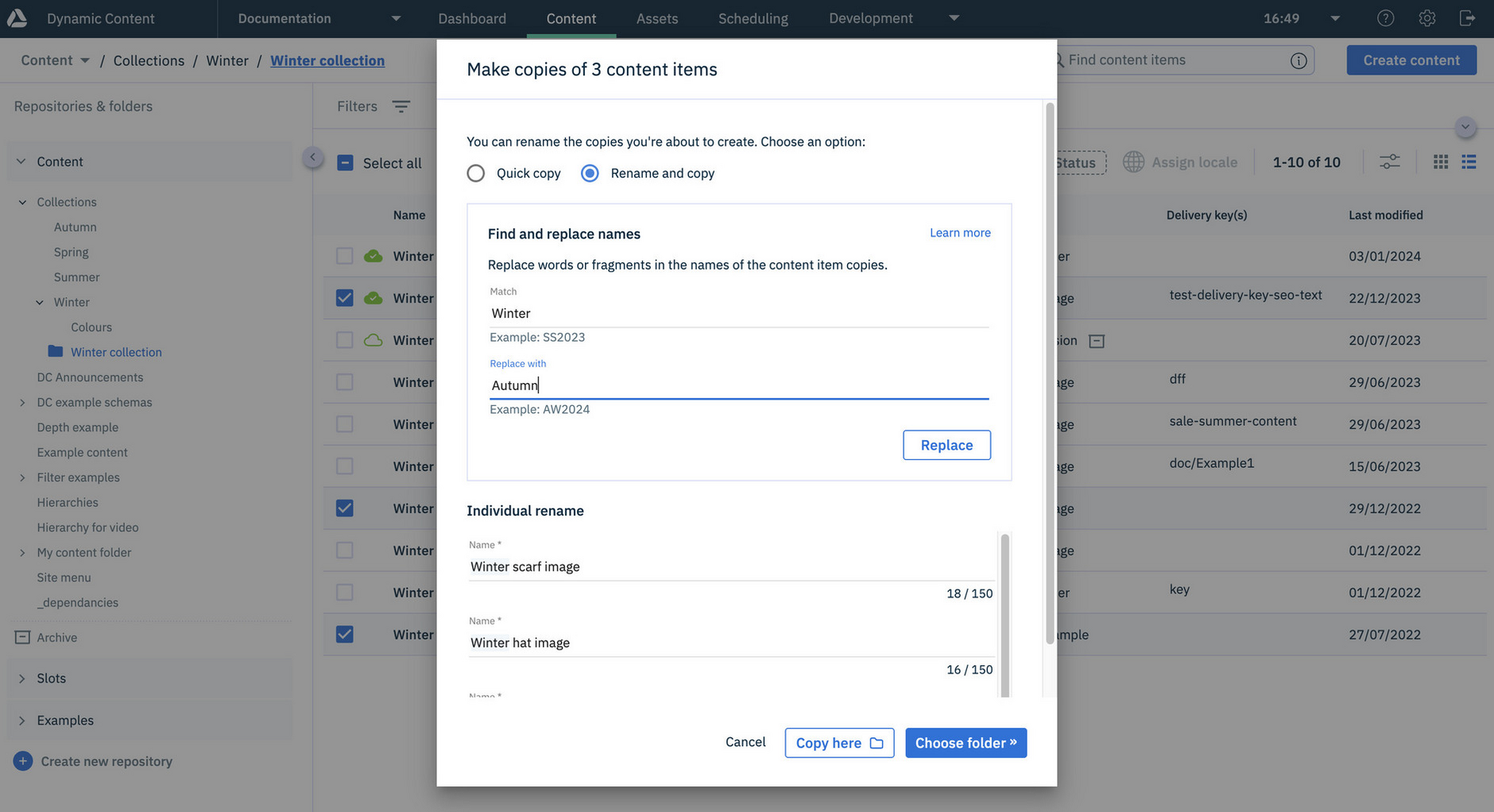Specifying copy names in the Make copies dialog