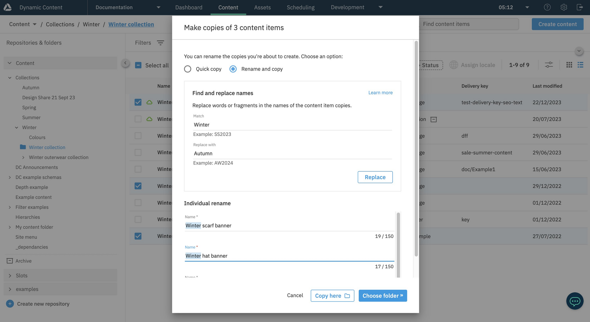 Specifying copy names in the Make copies dialog