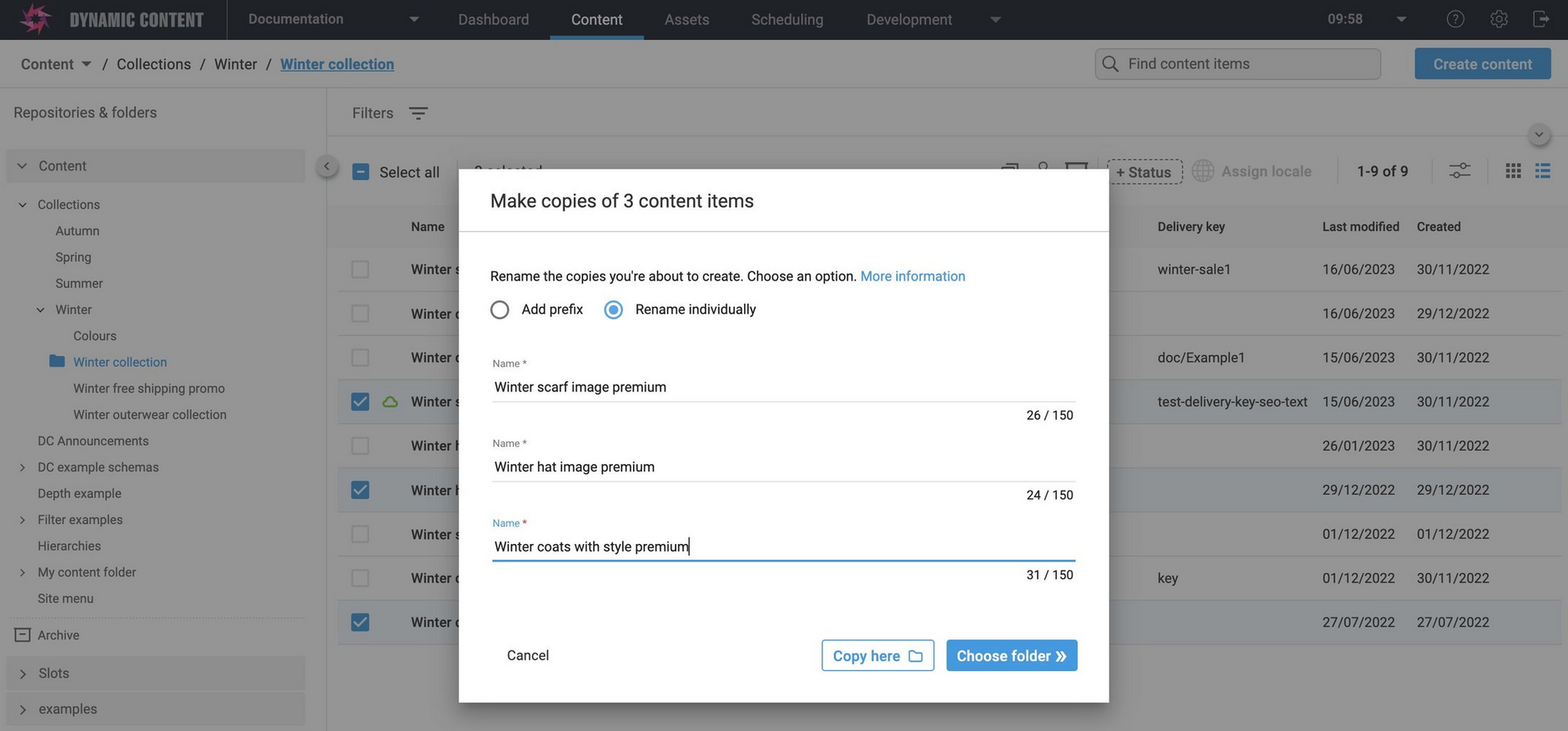 Entering individual copy names in the Make copies dialog