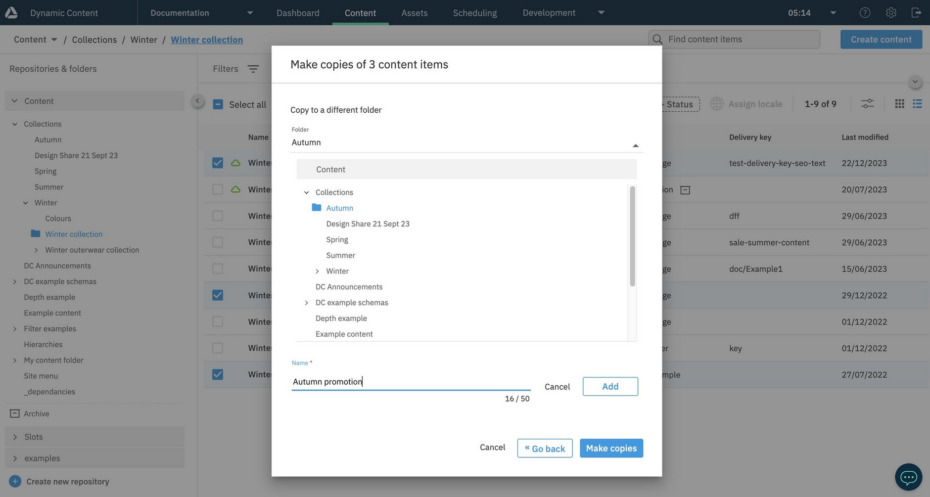 Adding a subfolder in the Make copies dialog