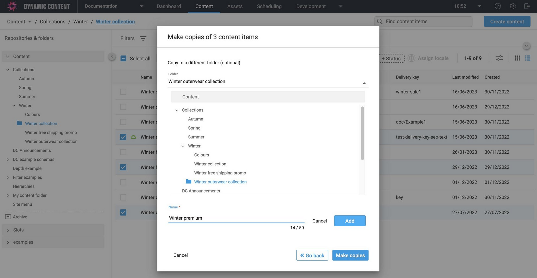 Adding a subfolder in the Make copies dialog