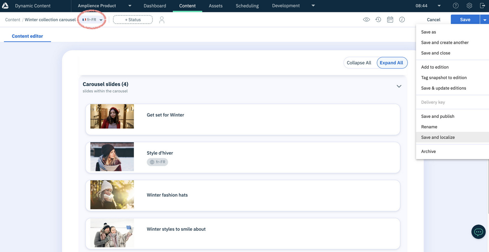 A carousel with one item that has an assigned locale