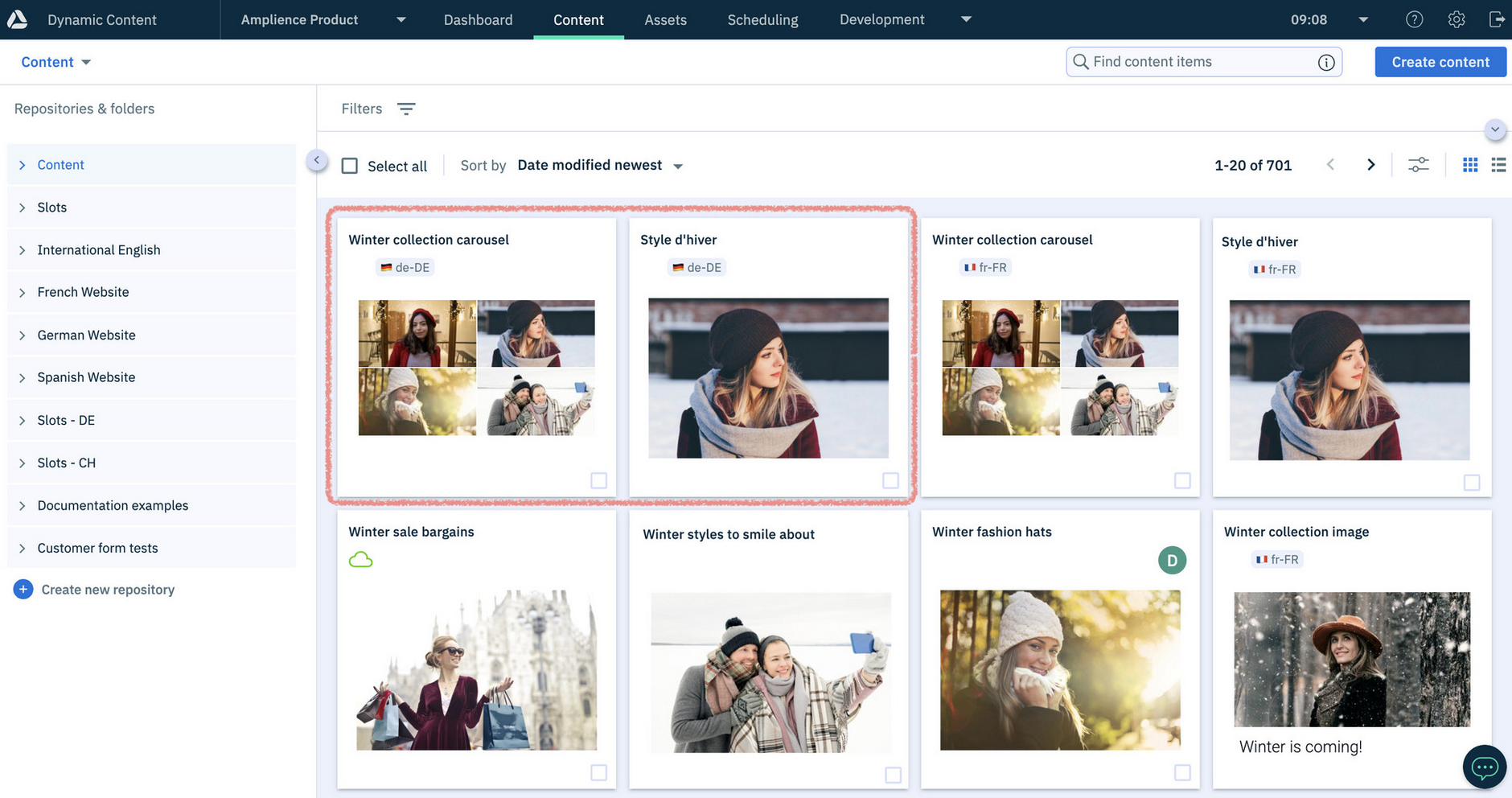 The de-DE variant of the carousel is created, together with the localized Style d'hiver content item