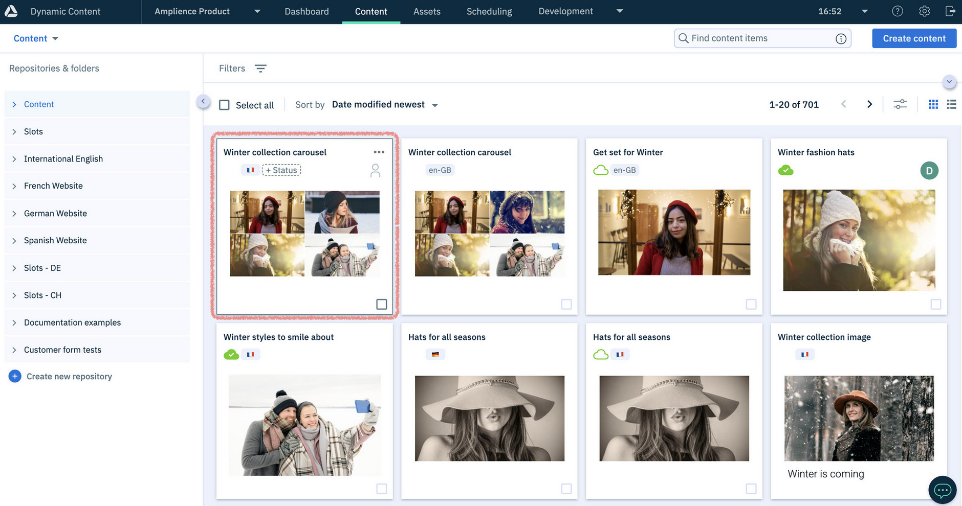 The French fr-FR variant of the carousel in the Content Library