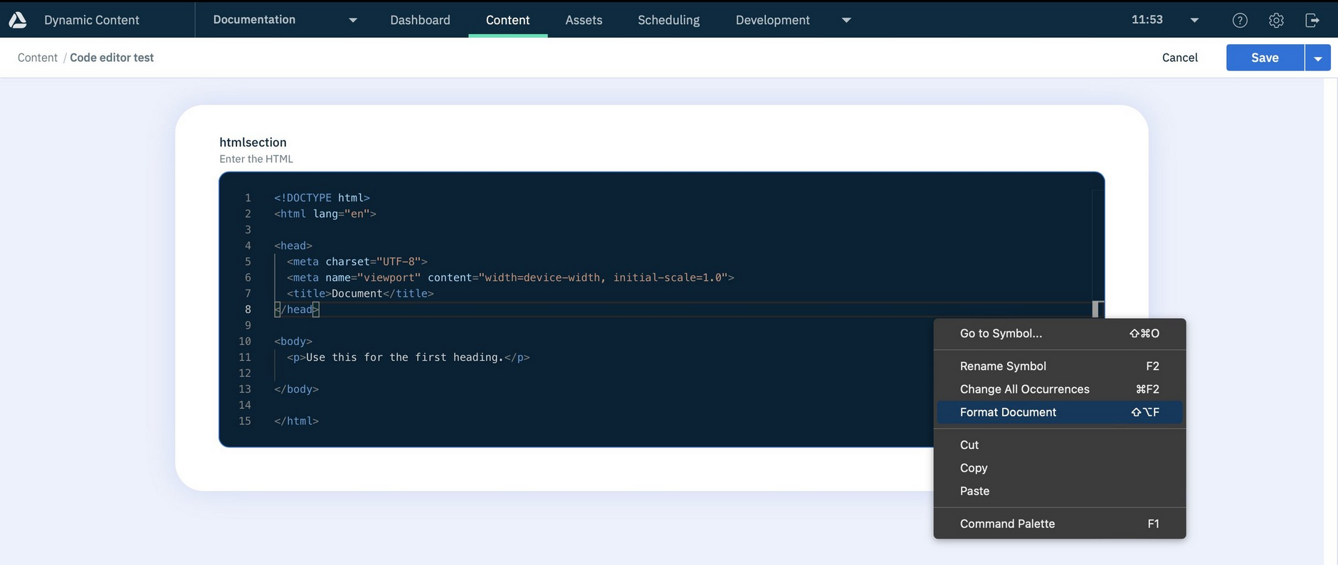 The code editor component showing some HTML