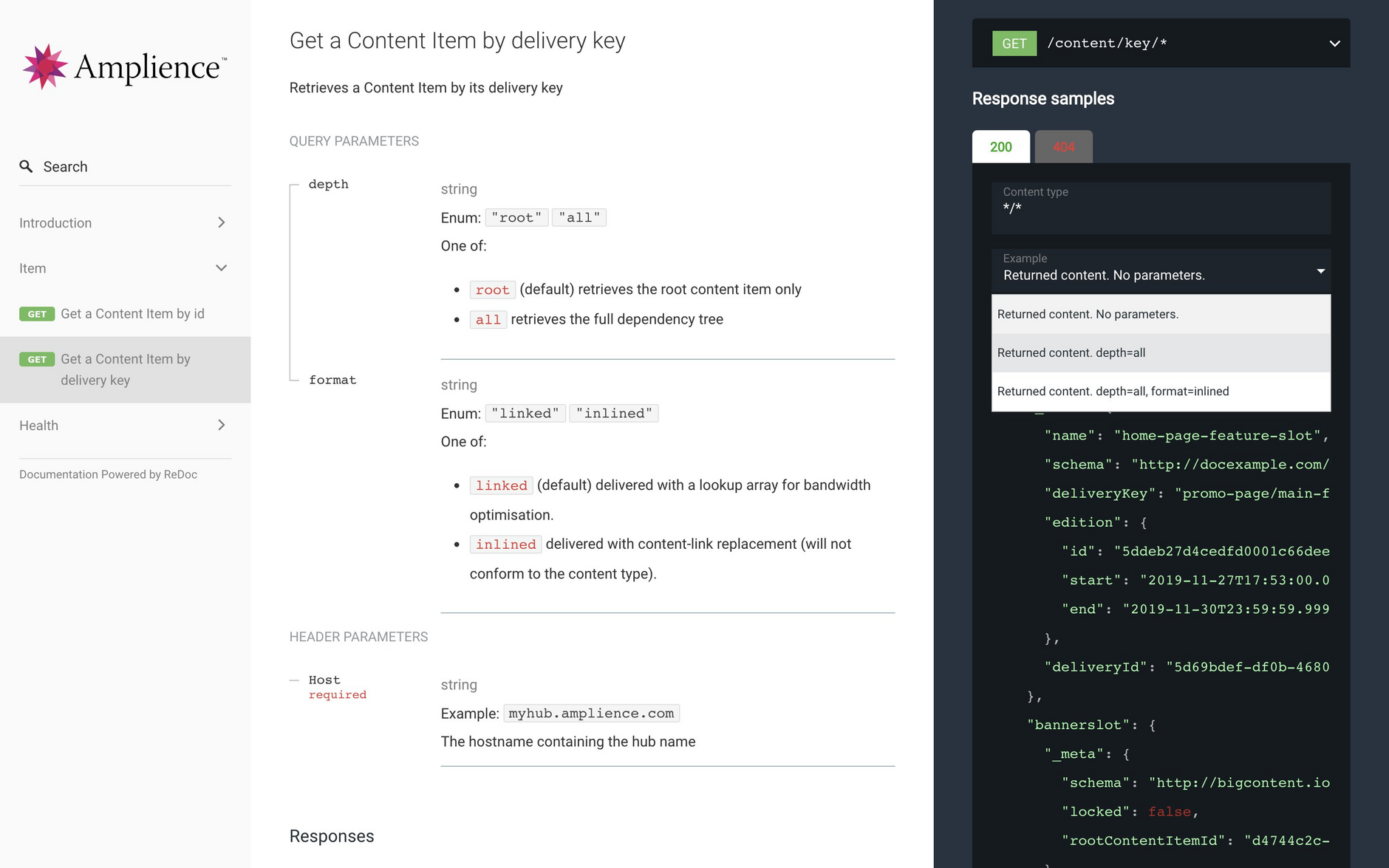 The content delivery 2 API reference includes parameters, responses and sample returned content