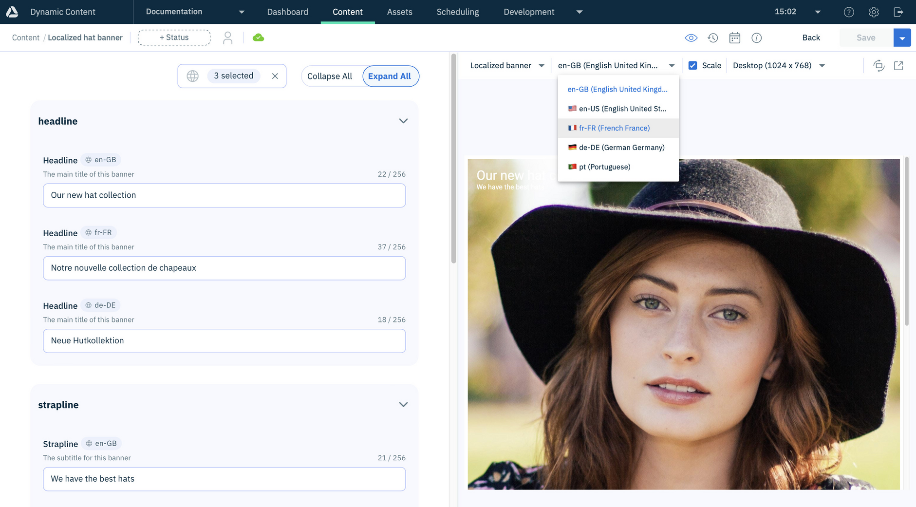 A content item with localizable properties. Users can enter values for each supported locale.