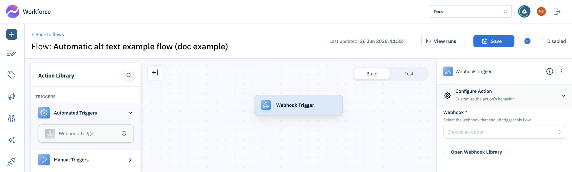 Open the Triggers section from the action library