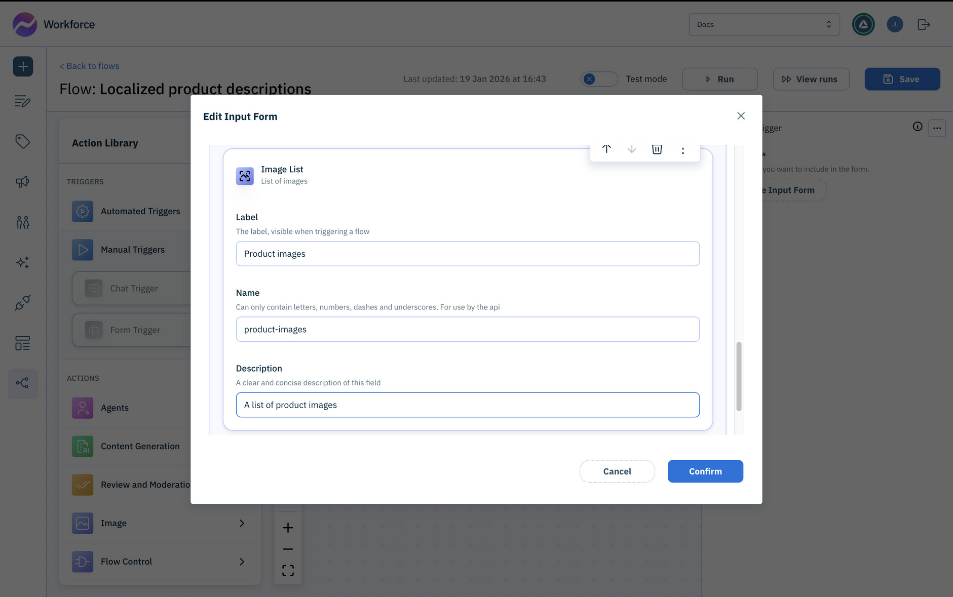 Configure the form action with fields for the product name, features and images